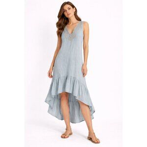 Carla Conti sleeveless light blue linen midi dress with a high-low ruffled hem